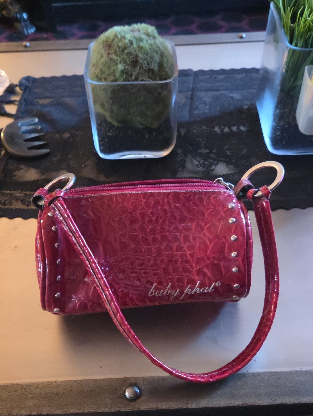 Baby Phat Glossy Maroon Croc-Embossed Mini Barrel Bag